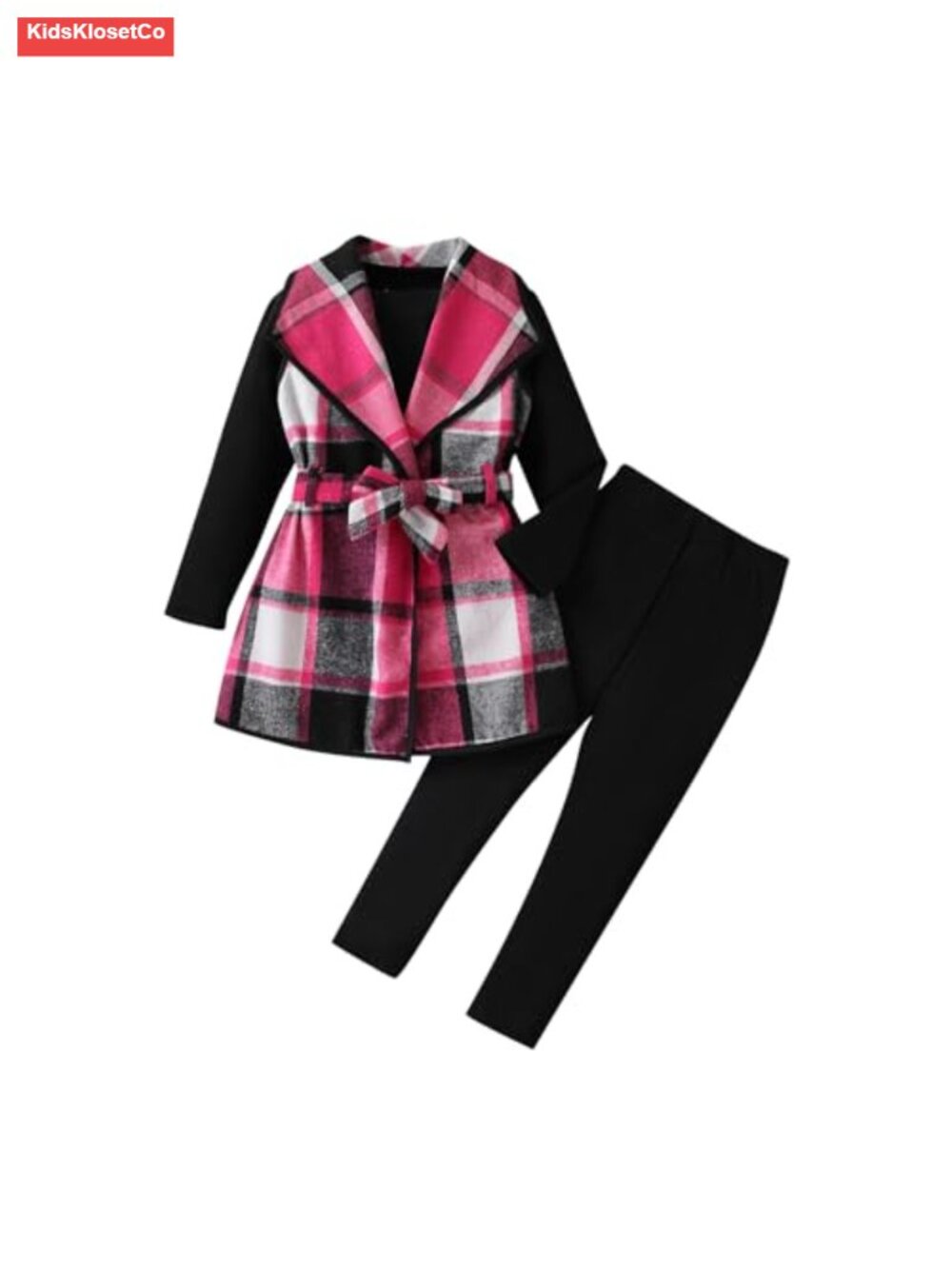 Girls 3 Piece Outfit Plaid Flannel Belted Vest Long Sleeve Top Leggings Fall Set